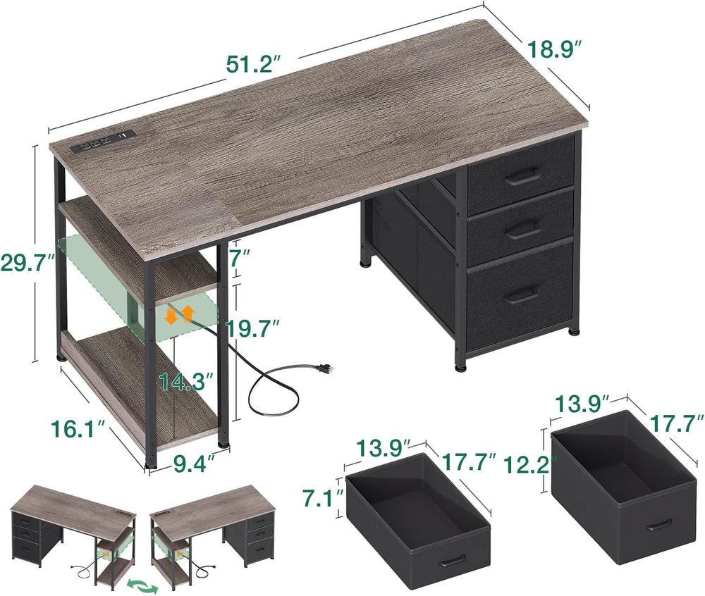 AODK 51 Inch Computer Desk with Drawers & USB Power Outlets