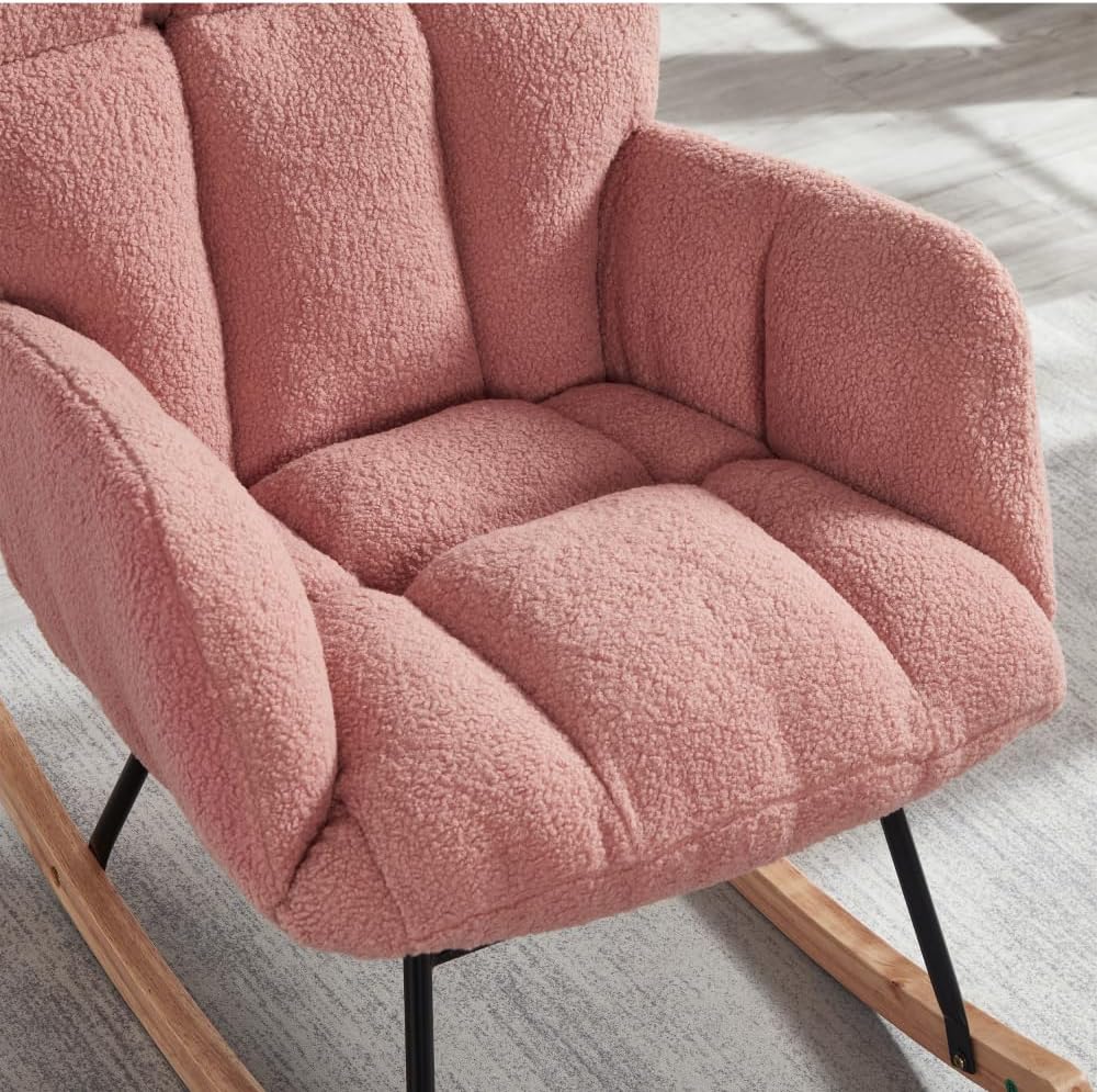 Tufted Upholstered Teddy Fabric Glider Rocking Chair with Metal Frame, Ergono...