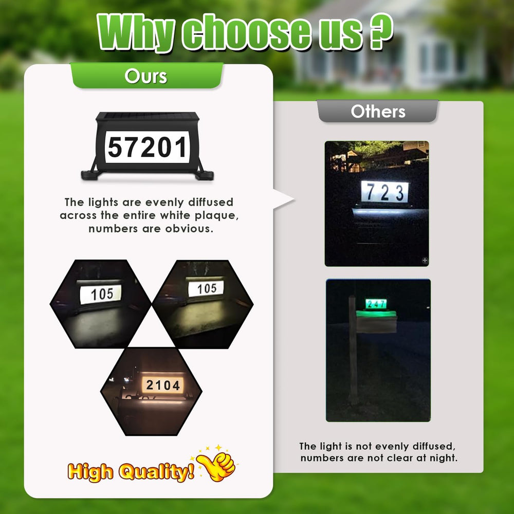 Solar Address Sign, 3 Colors-in-1 Waterproof Mailbox Number Plaque for Outsid...