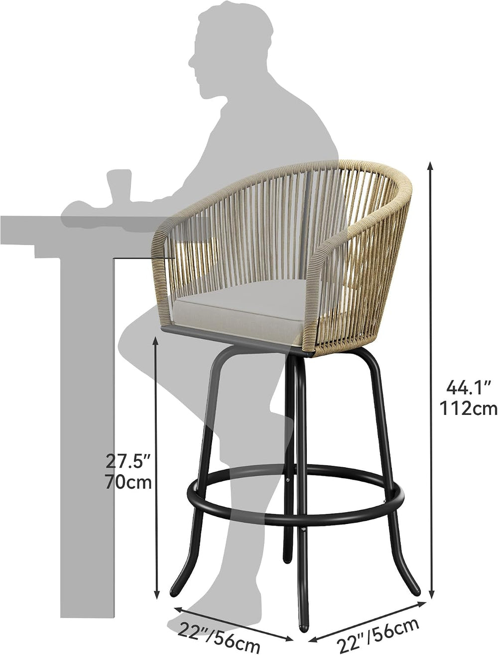 YITAHOME 27" Bar Stools Set of 4 with Arms & Cushions, 360° Swivel O...