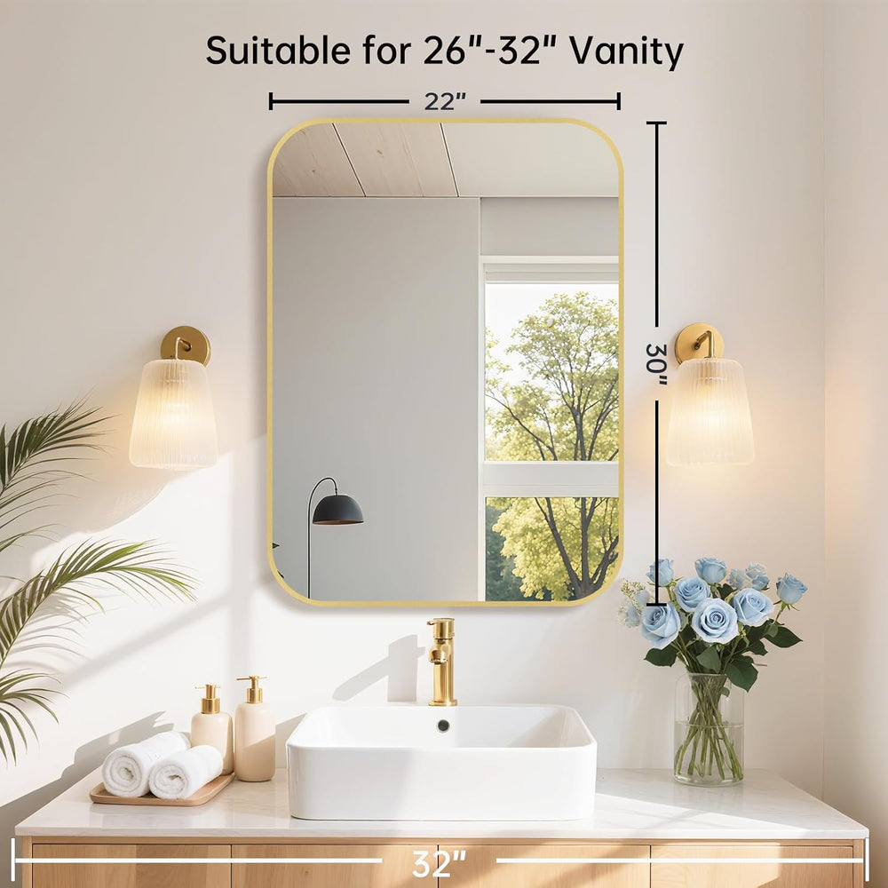 22x30 Inch Gold Bathroom Mirror, Brushed Brass Gold Metal Framed Rectangular ...