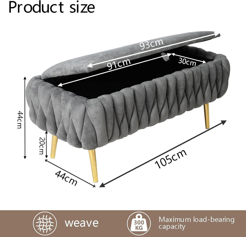 End of Bed Bedroom Storage Bench Upholstered, Hand-Woven Storage Ottoman Benc...