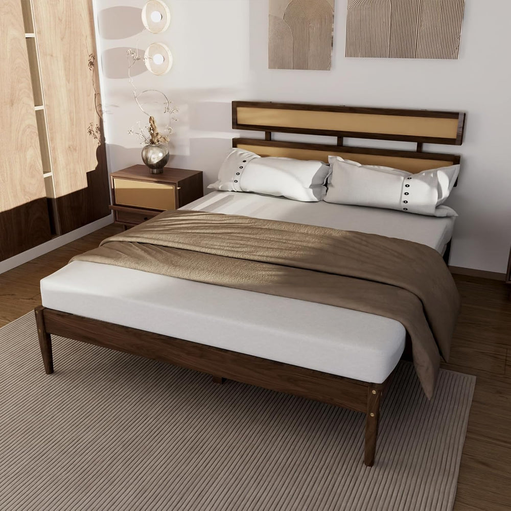 Karl home Bohemia Wood Bed Frame, Queen Size Platform Bed, Walnut Brown