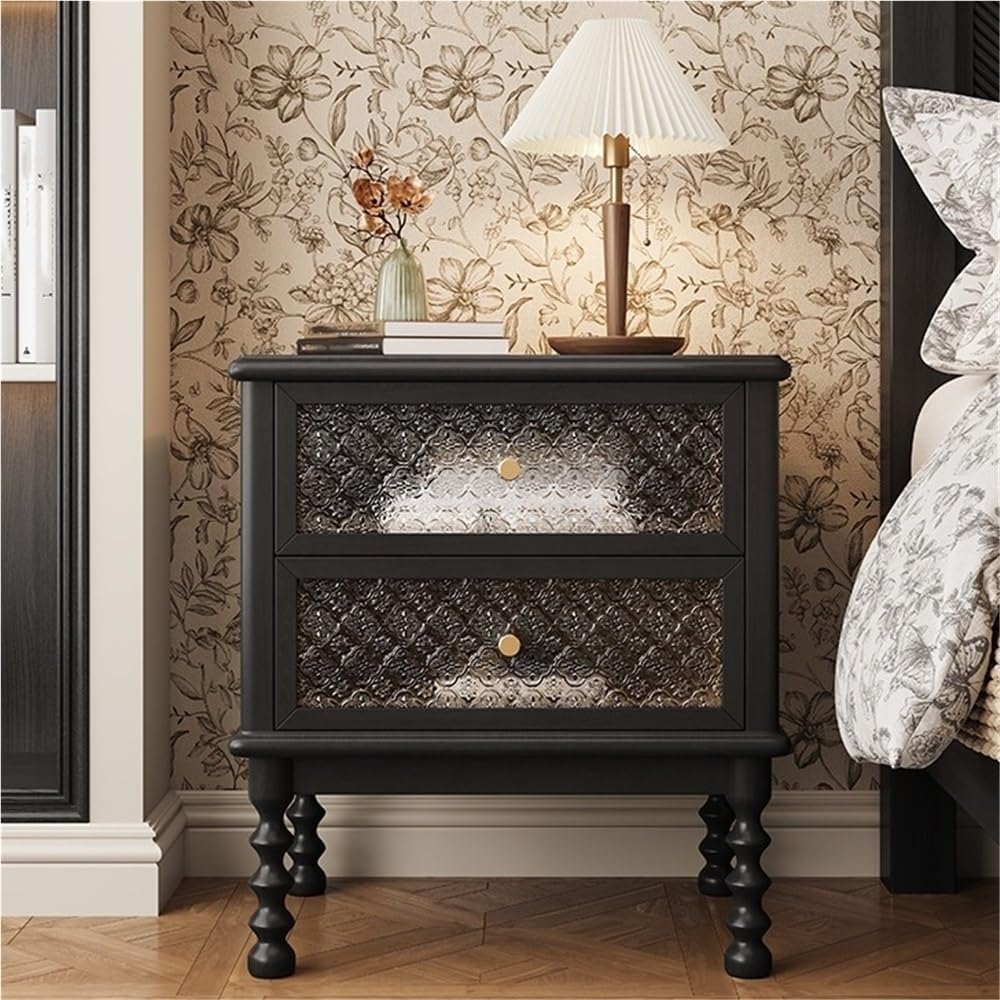 Vintage Wooden Nightstand Antique Bedside Table with 2 Floral Glass Drawers M...