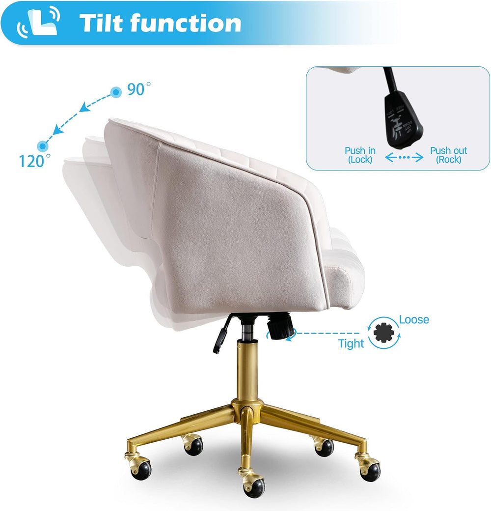KCC Vanity Chair Velvet Desk Chair with Gold Base for Living Room,Cream