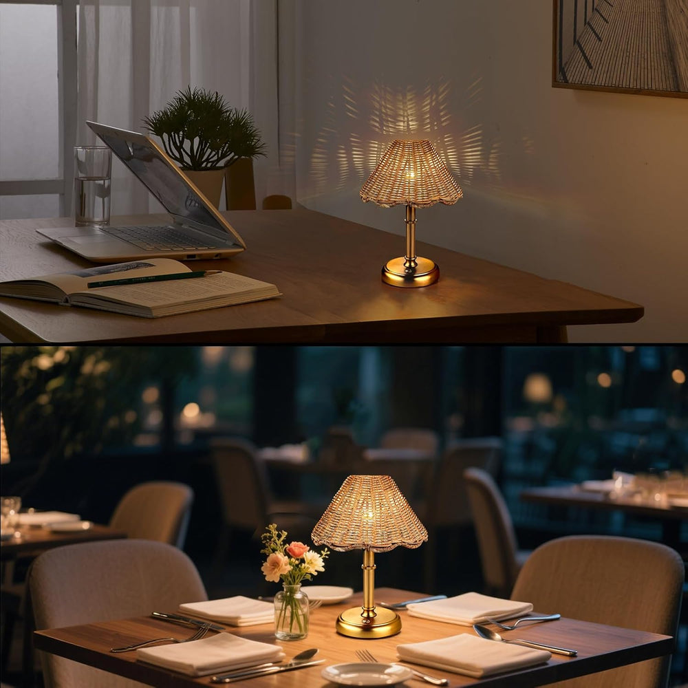 Mini Cordless Boho Rattan Table lamp, 5200-mAh Rechargeable Battery, 3-Level ...