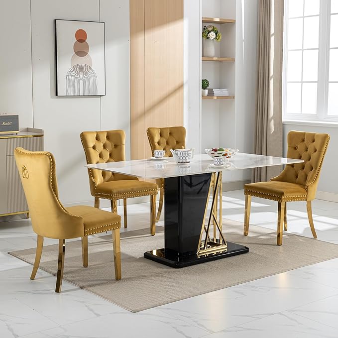 Mid Century Modern Dining Chairs Set of 4, Yellow Velvet Upholstered Tufted B...