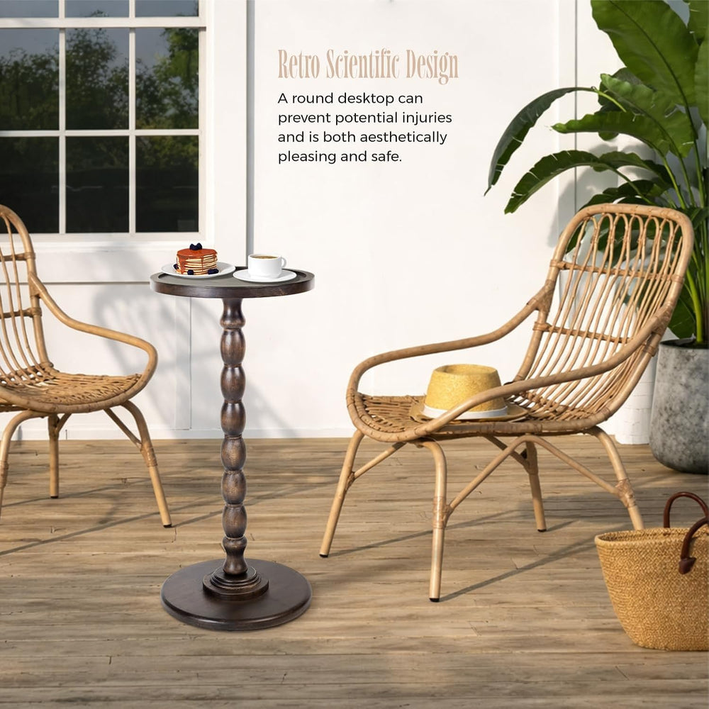 Solid Wood Round Pedestal Side Table with Tray-Top Rim – Bobbin Turned Accent...