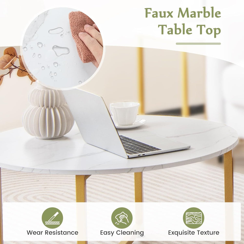 COSTWAY Coffee Table Set of 3, Round Faux Marble Coffee Table and 2 Square En...