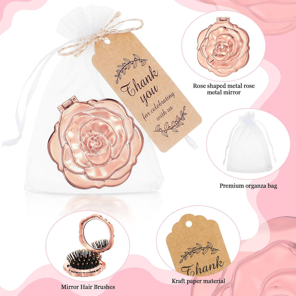 Teenyyou 50 Sets Rose Compact Mirrors Brush Bulk Quinceanera Party Favors