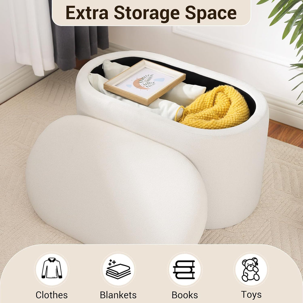 Oval Ottoman with Storage for Living Room, Modern Linen Fabric Foot Stools Ot...