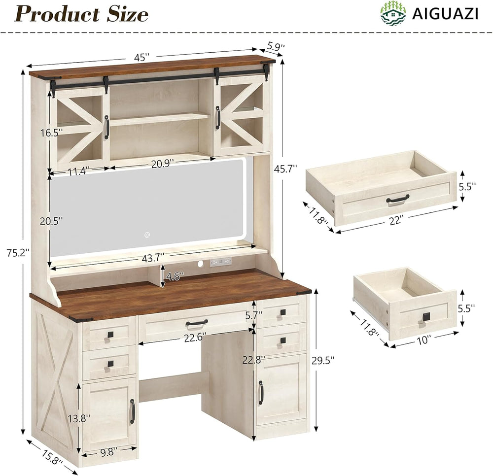 75.2" Farmhouse Makeup Vanity Desk with Large Mirror & Sliding RGB C...