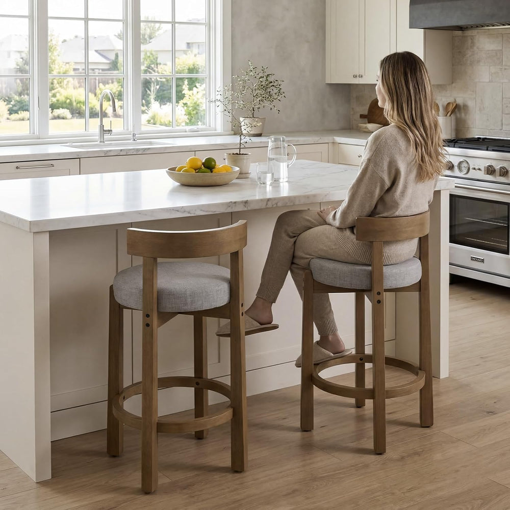 Ya-Home Mid-Century Bar Stools Set of 2, 26.5 Inch Linen Counter Height Uphol...