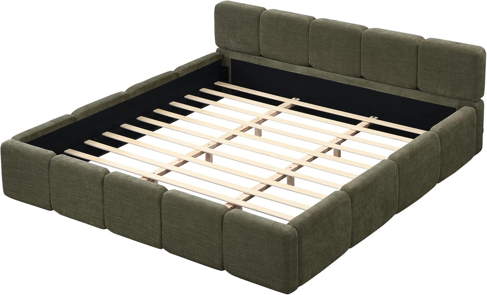 Merax King Boucle Platform Bed with Thick Headboard and Footboard, Green