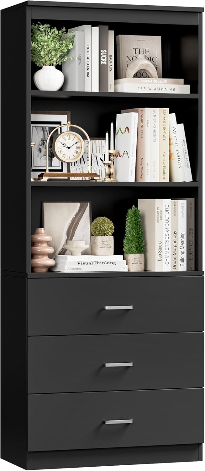 FOTOSOK 71" Black Bookshelf with 3 Drawers, Tall Bookshelf and Bookcase