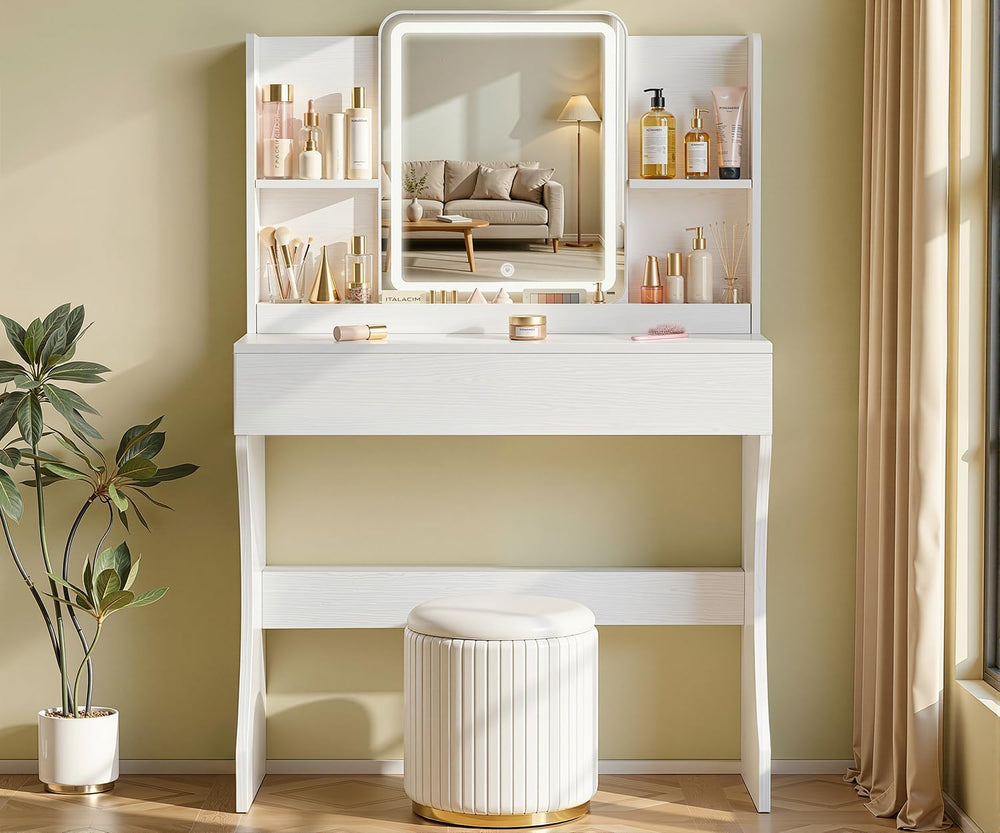 White Small Vanity Desk with Mirror and 3 Adjustable Light Modes | Dimmable L...