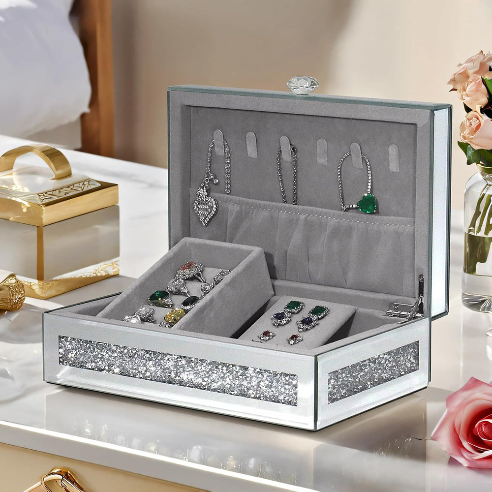 Mirrored Jewelry Box with Lid, Crushed Diamond Bling Jewelry Organizer for Wo...