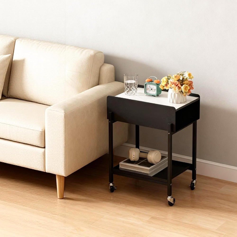Rolling End Table with Wheels 3-Tier Narrow Side Table Black