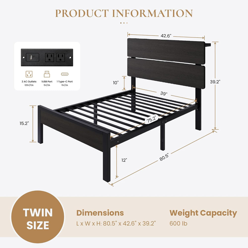 SHA CERLIN Twin Size Bed Frame, Led Light, Charging Station, Storage Shelf