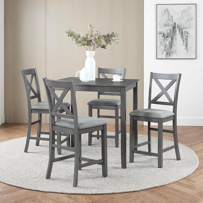Dining Table Set for 4, Modern Counter Height Kitchen Dining Set, Wooden Tabl...