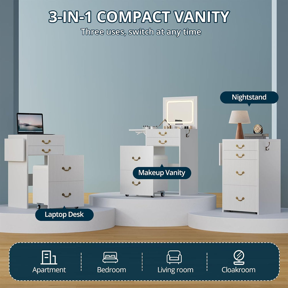 FURSUN 3-in-1 Vanity with Flip Mirror & Lights, Fluted Compact Vanity Tab...