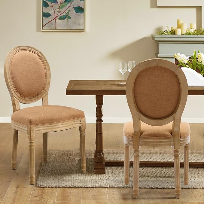 Linen Upholstered Dining Chairs Set of 6 French Country Oval Fabric Back Kitc...