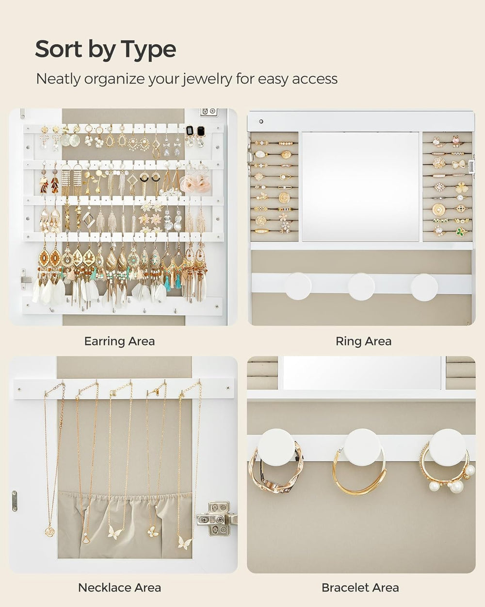 SONGMICS Jewelry Organizer, LED Jewelry Cabinet Wall/Door Mounted, Lockable R...