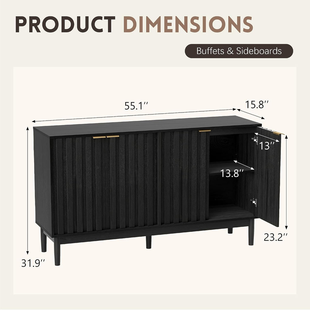 Otterease 55" Fluted Buffet Cabinet with Storage, Accent Cabinets, Black