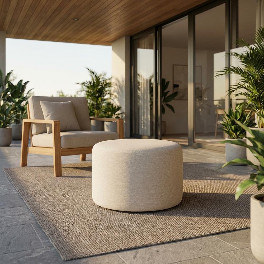 White Woven Heathered Fabric Ottoman, 23-Inch Round, Comfortable Outdoor Loun...