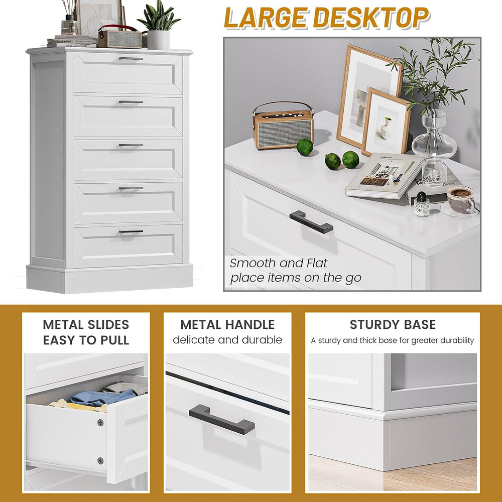 ZLWJGY White Dresser for Bedroom, Wood Dresser with 5 Drawers, Chest of Drawe...