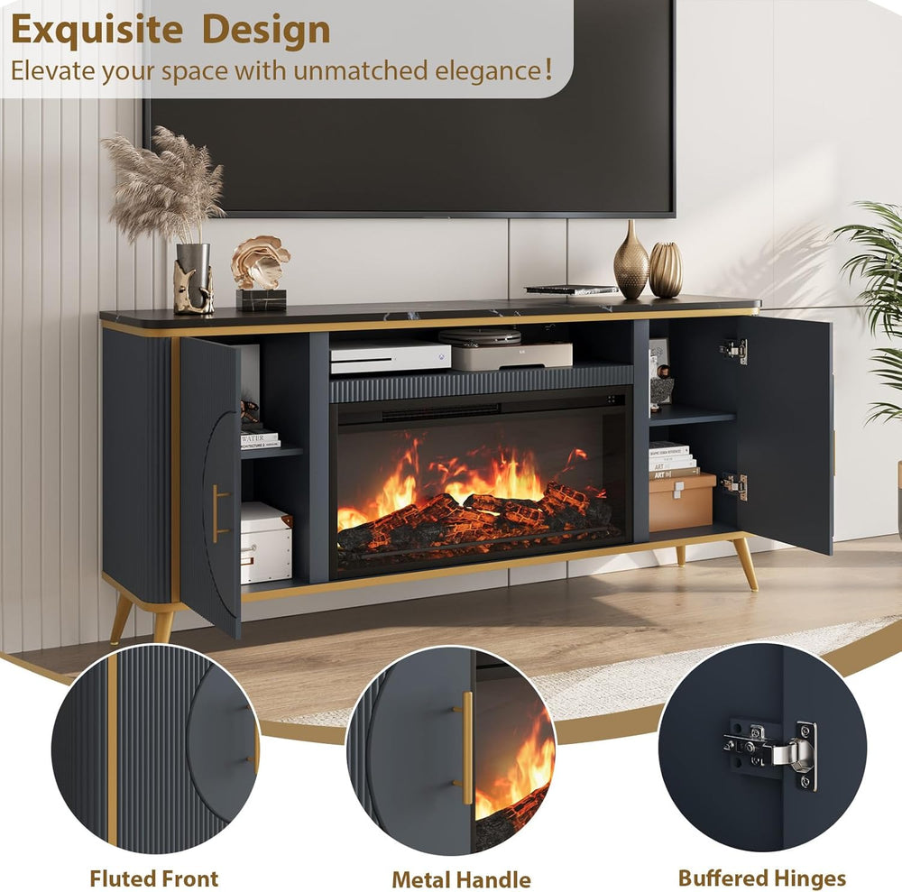 Fluted Fireplace TV Stand Up to 80" TVs, Modern Entertainment Center wit...
