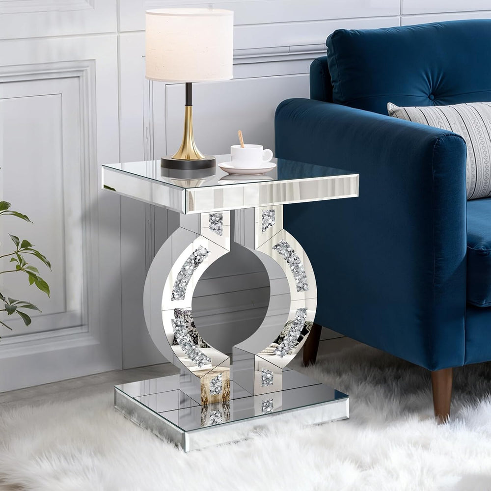 Crushed Diamond Mirrored End Table, Silver Side Accent Table, Small Mirrored ...