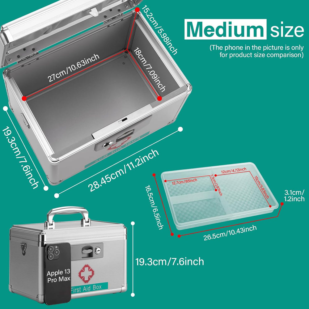 First Aid Box with Key, 11.2 x 7.6 x 7.6 Inches, Empty Lockable Medicine Stor...