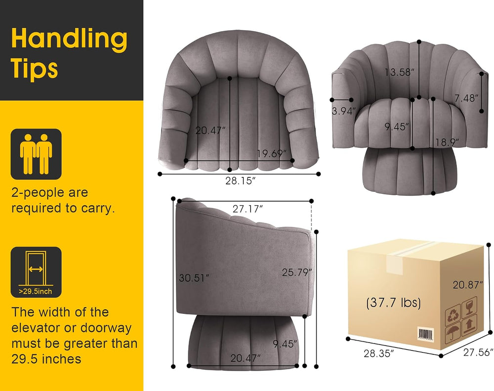 Dewhut Swivel Barrel Accent Chair, Velvet Reading Armchair, Gray, Set 1