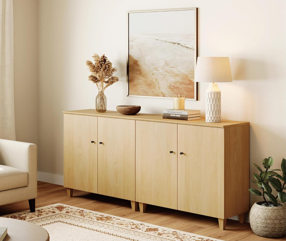 WAMPAT 71" Wide Wood Sideboard Buffet Table with 4 Doors – Large Oak Cre...