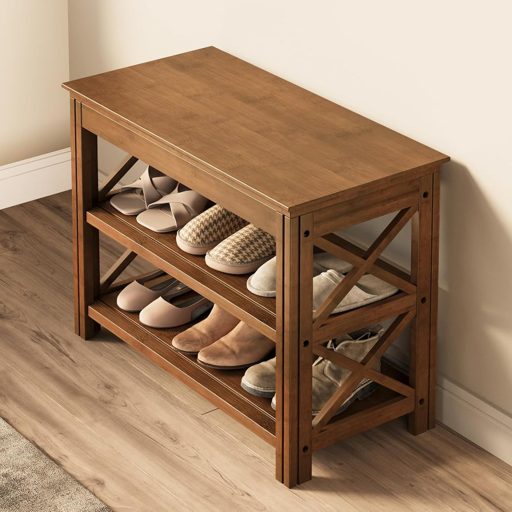 Bamworld Shoe Rack Bench with Storage 3 Tier Bamboo Shoe Bench Entryway Rusti...