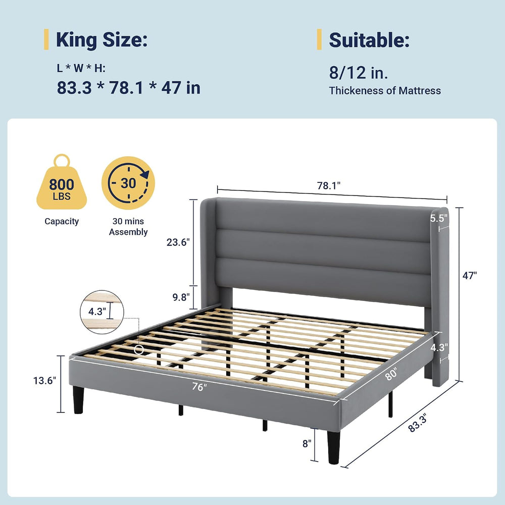 Allewie King Size Platform Bed Frame with Velvet Upholstered Wingback Headboa...