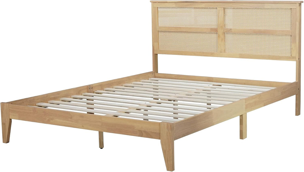 Queen Size Boho Platform Bed Frame with Rattan Headboard