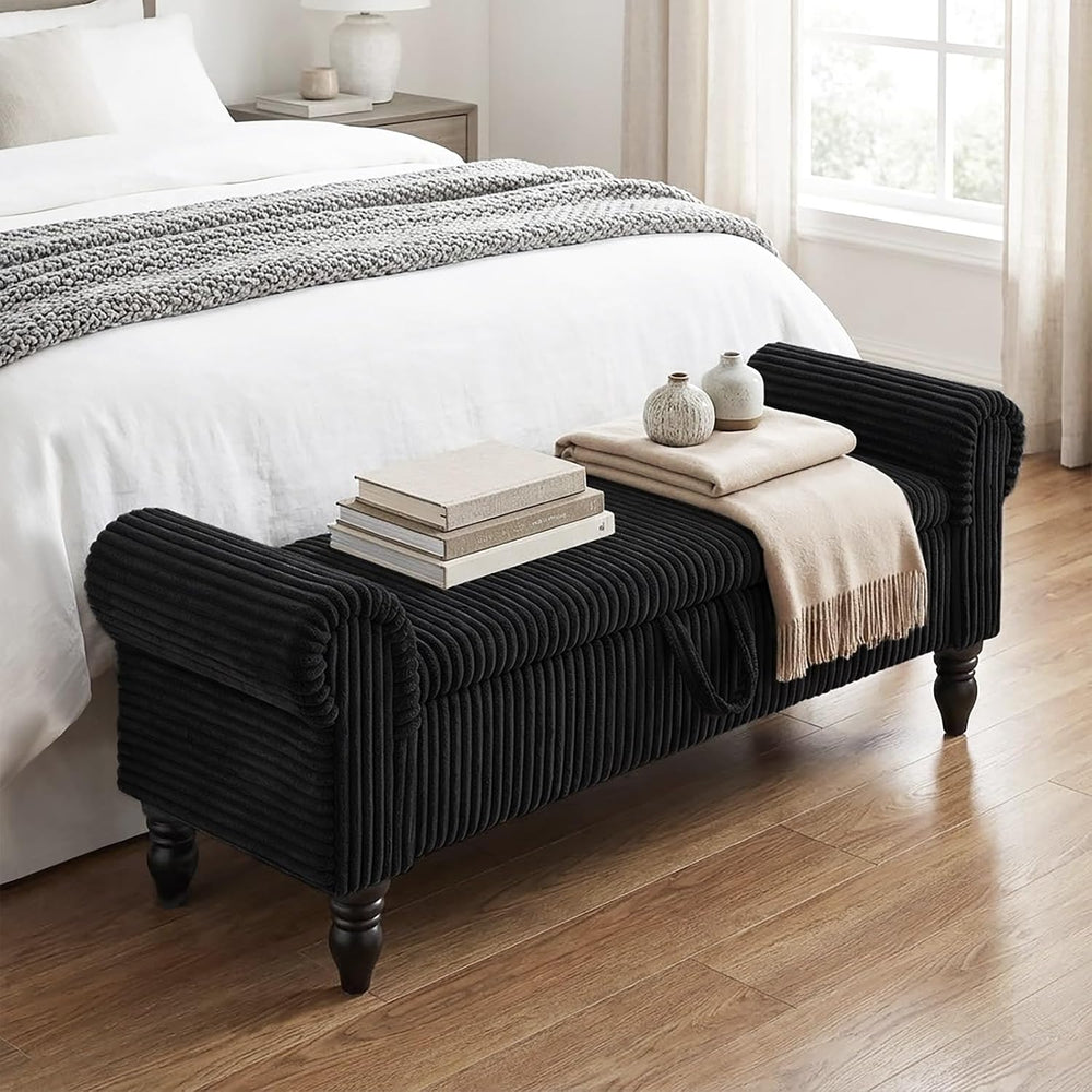 55" Corduroy Storage Ottoman Bench, Queen Bed, Black | End of Bed, Bedro...