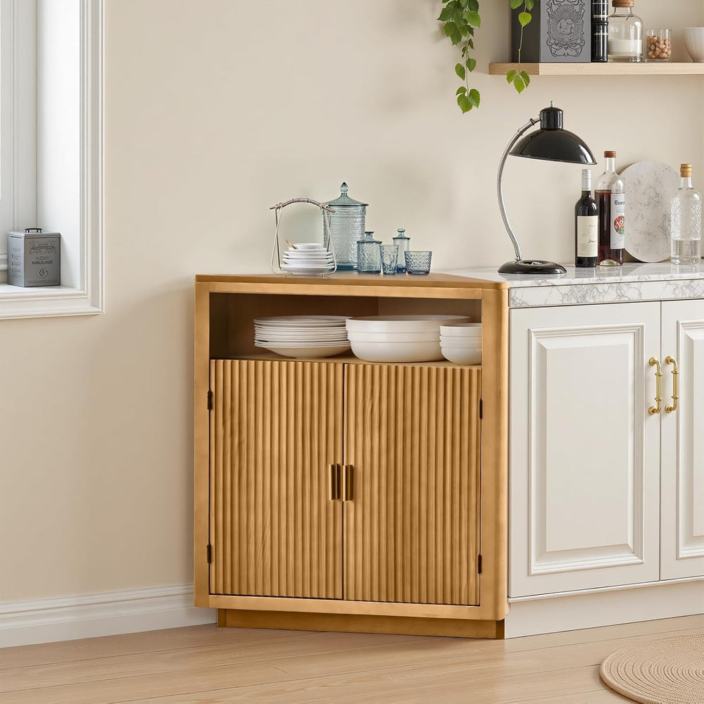 Ahokua Corner Storage Cabinet with Fluted Hand-Carved Doors, riangular Accent...