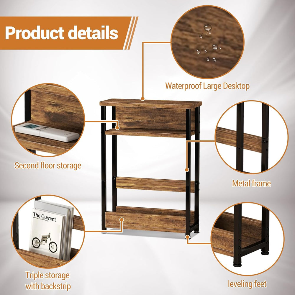 Garvee Narrow Side Table, 3-Tier Slim End Table with Storage Shelf, Modern So...