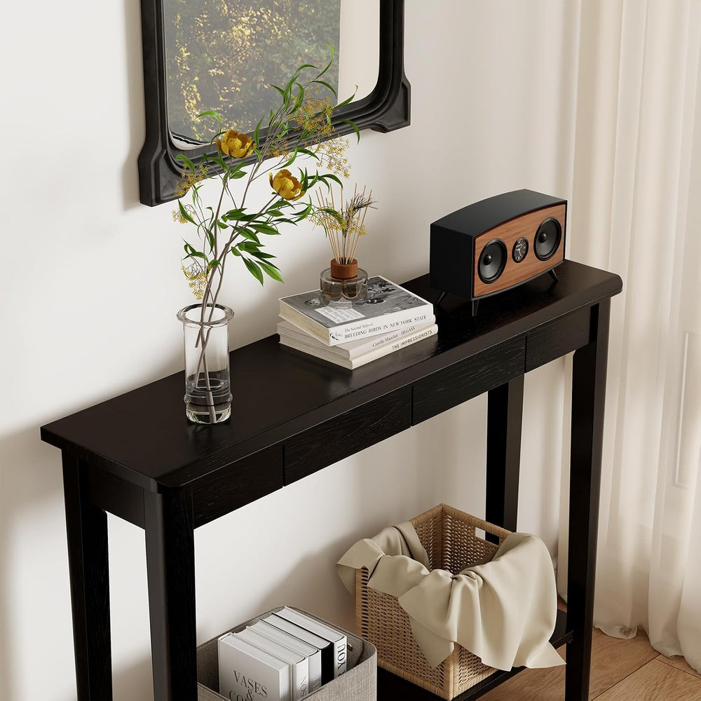 AQIMUELE Wood Console Table with Drawers, Mid Century Modern Console Table Bl...