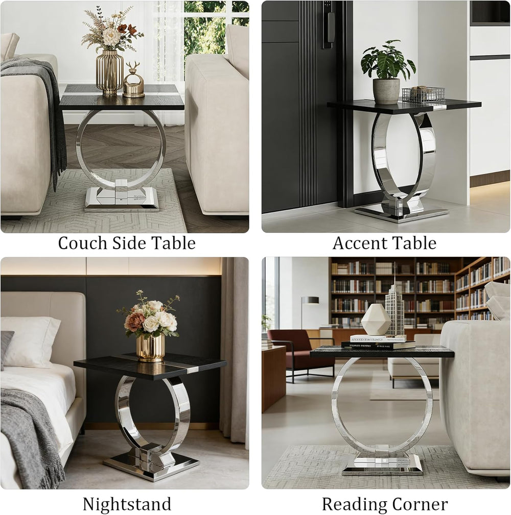 Asday End Table Set of 2, Luxury Side Table Set, Black and Chrome End Table w...