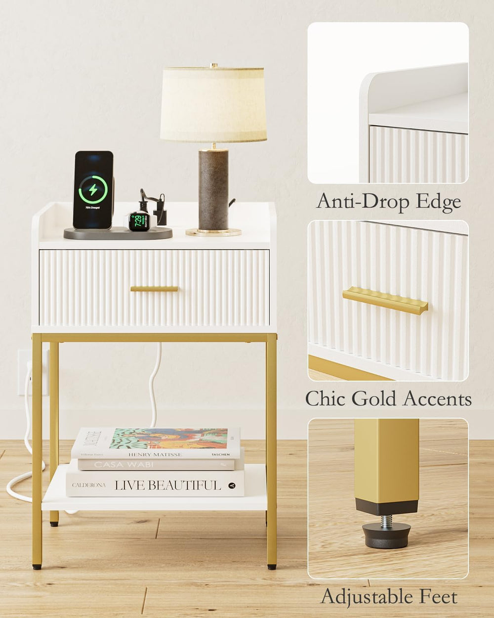 Nightstand with Charging Station, 3-Tier Bed Side Table, Small End Table, Nig...