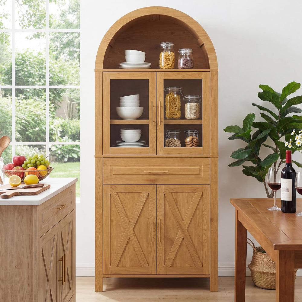 Polibi 71" Tall Arched Kitchen Pantry Cabinet with Glass Doors,Farmhouse...