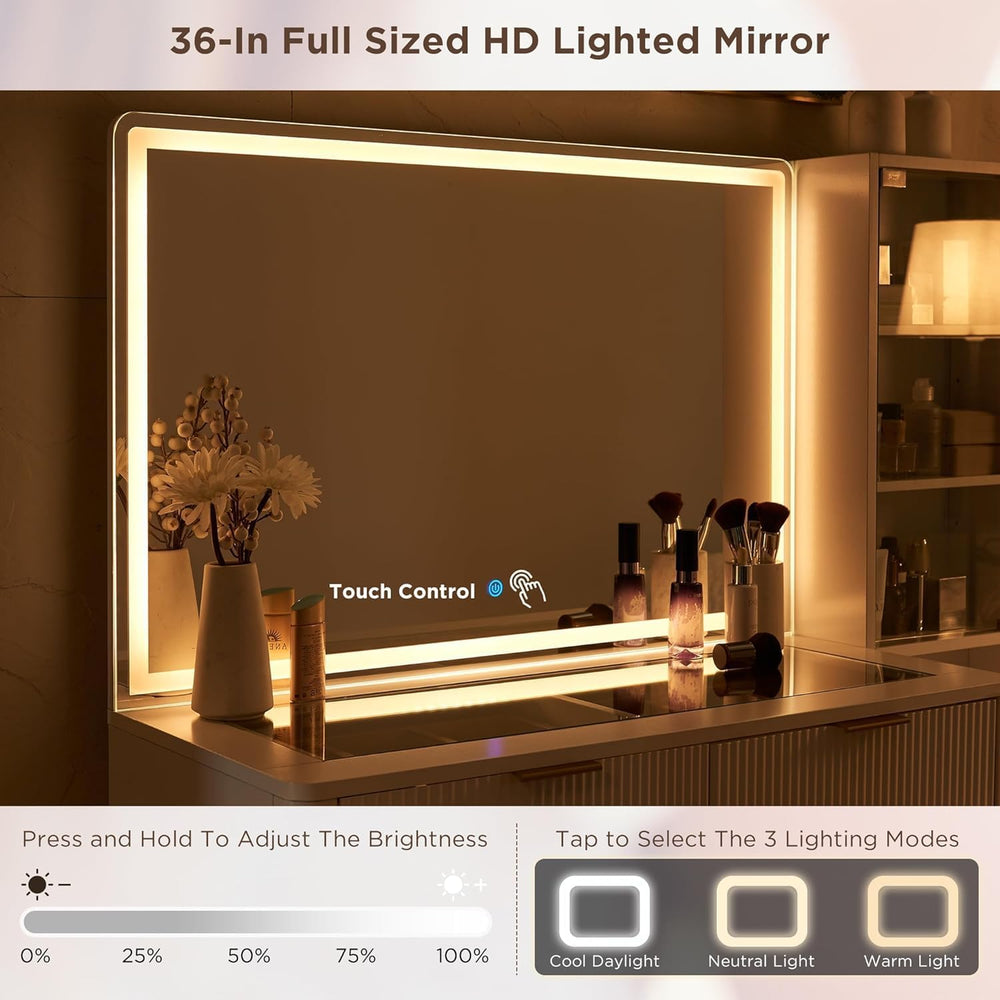 T4TREAM Fluted Makeup Vanity Desk with 36" HD Lighted Mirror, 48" B...