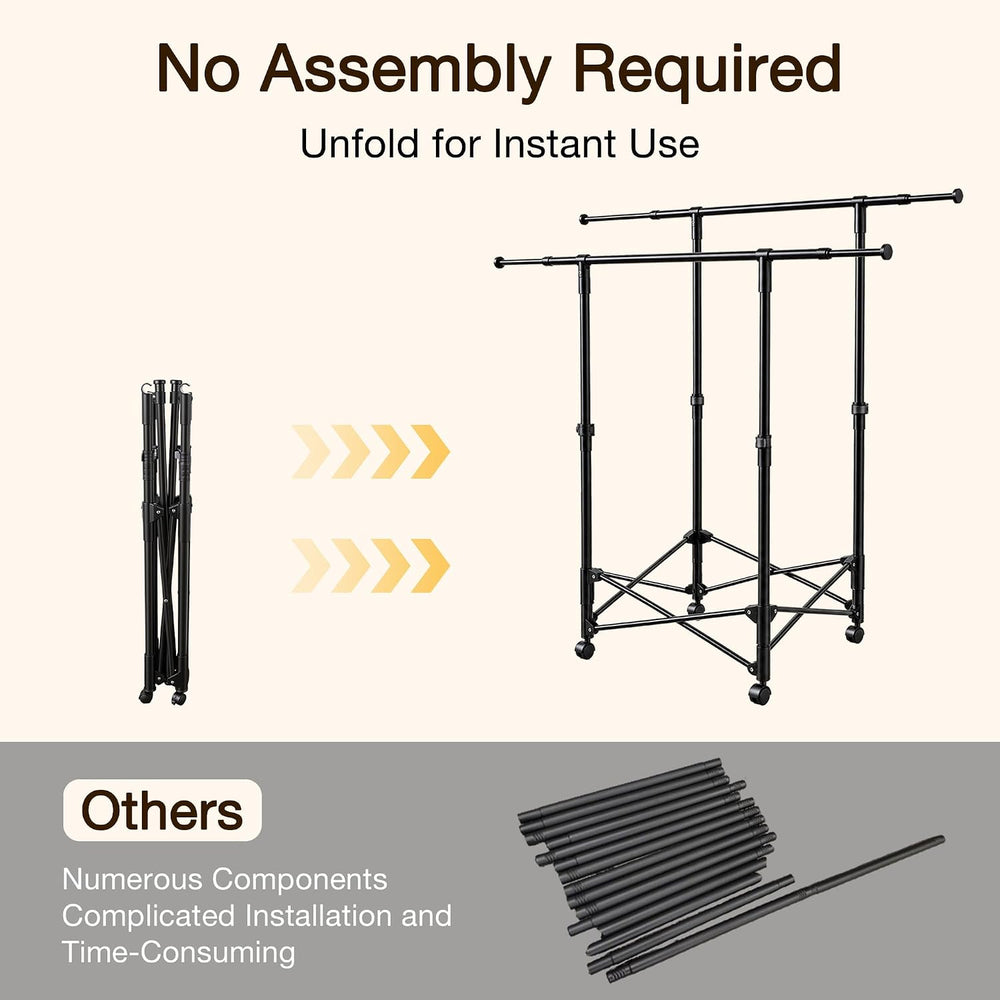No-assembly Clothes Rack,Double Rod 59-Inch Rolling clothing rack