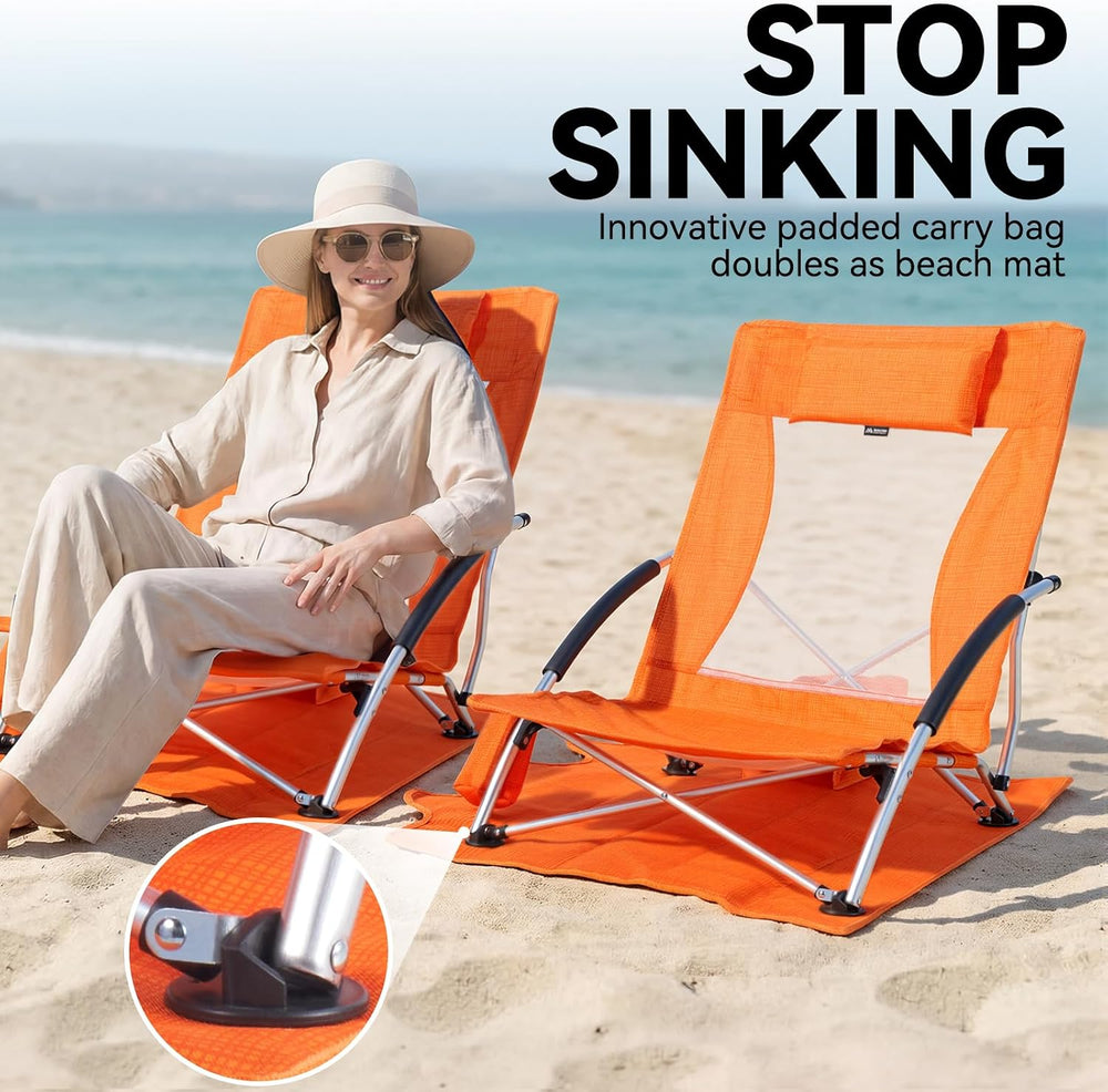 Huskfirm Low Beach Chairs 2 Pack, Aluminum Folding Beach Chair for Adults, Li...