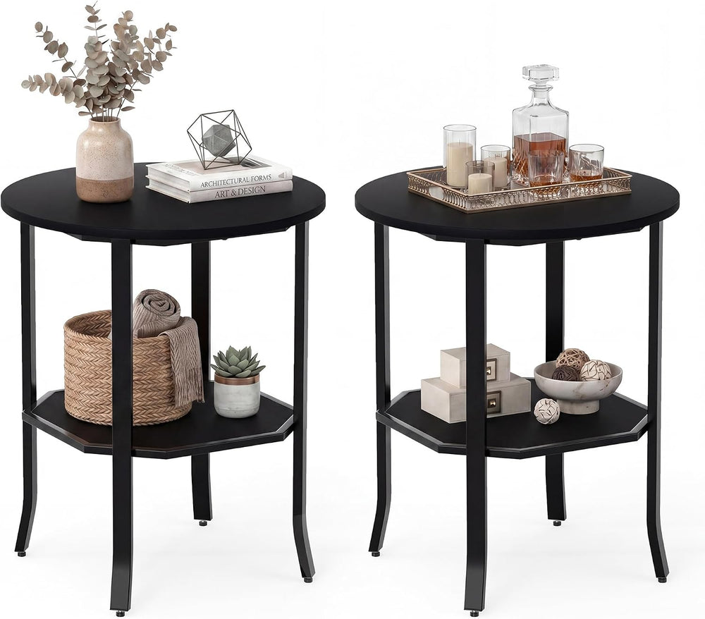 Tangkula 2-Tier Round Side End Table, Small Nightstand with Storage Shelf, In...