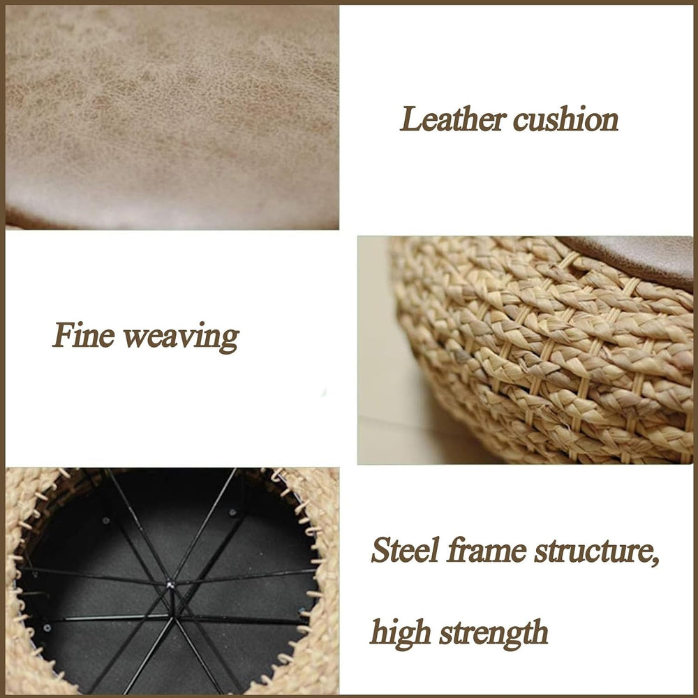Round Straw Knitted Pouf, Foot Stool Leather Roof Steel Frame Stuffed Futon,f...
